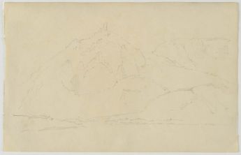 Blick auf eine Gebirgslandschaft mit Turmruine 