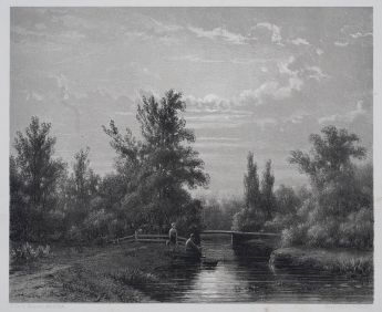 Landschaft im Mondlicht mit kleinem Fluss und Fischer