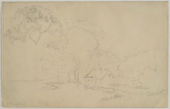 Landschaft mit einem Haus und Bäumen