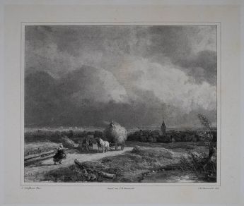 Sommerlandschaft mit Heuwagen vor einer Stadt