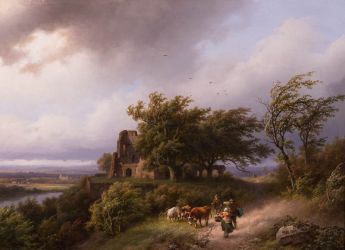 Heimkehrende Bauern mit Vieh bei aufziehendem Gewitter