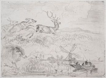 Landschaft mit Skizzen von Hirschen