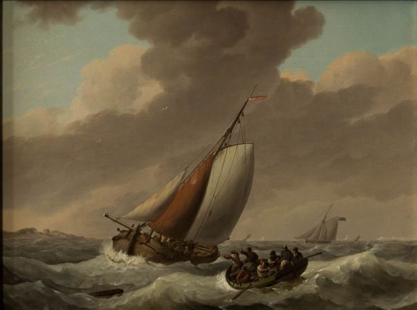 Segelschiff und Rettungsboot mit Schiffbrüchigen