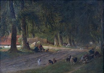 Bäume an einem Landwege mit Jagdgesellschaft