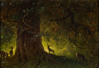 Hirsche im Wald bei Abenddämmerung