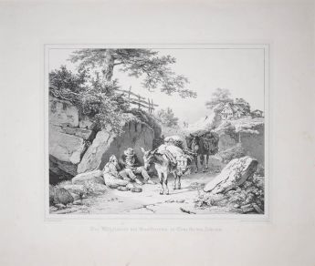 Landschaft mit rastenden Reisenden und zwei Eseln