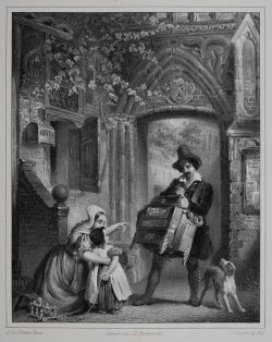 Straßenszene mit Musikant, Frau und Kind