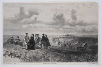 in einer Hügellandschaft (Dünen) spazierende Gesellschaft