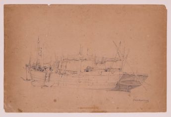 Skizze eines aufgetakelten Fischerbootes