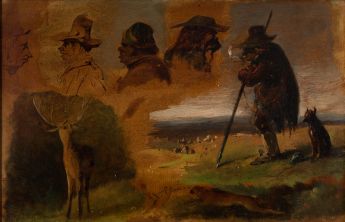 Hirte mit Hund; Hase; Hirsch; vier Köpfe