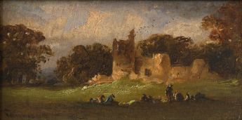 Landschaft mit Figurengruppe vor einer Schlossruine