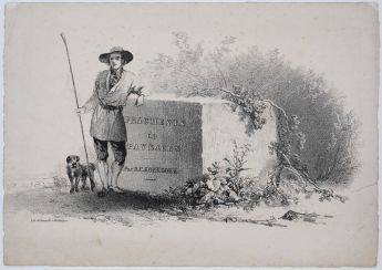 Hirte mit Stab und Hund, gelehnt an einen Steinquader