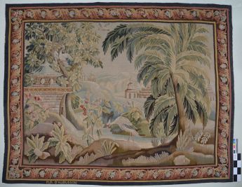 Wandteppich mit Landschaftsmotiv, Kranich, Architekturelemente