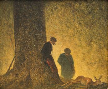 zwei Jäger bei einem Baumstamm