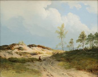 Hirte mit Schafherde in Dünenlandschaft