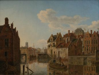 Ansicht einer niederländischen Stadt mit Grachten
