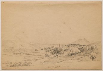 Hügellandschaft mit Dorf und Fluß