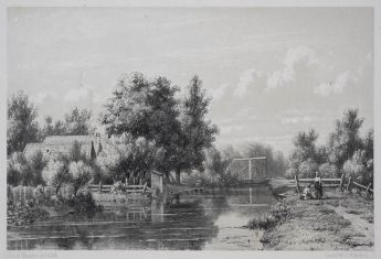 Landschaft mit kleinem Fluss und Zugbrücke